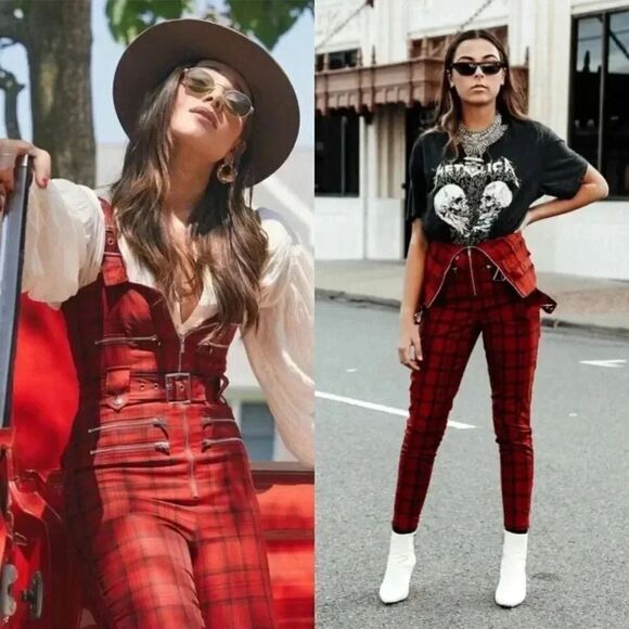WeWoreWhat Plaid Moto Overalls/Jumpsuit Pompeian Red SLIM FIT XS NWOT $225 - Picture 1 of 9